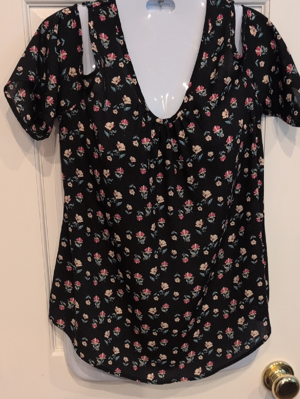 Floral Scoop Neck Blouse - Black with Pink & Cream Flowers